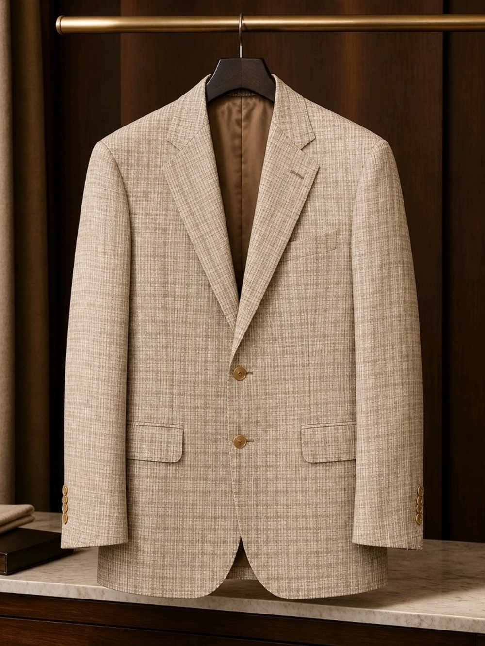 Oxxford Clothes Light Beige Plaid Textured Two-Button Blazer (0974)